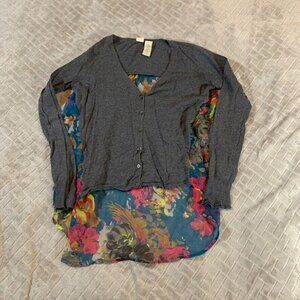 Small Womens T Shirt Blouse Gray Floral Colorful Long Sleeve T Shirt Lightweight